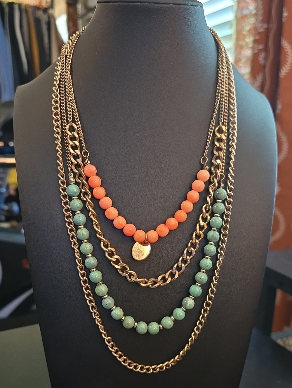 Layered Gold Chain Necklace with Coral and Turquoise Beads